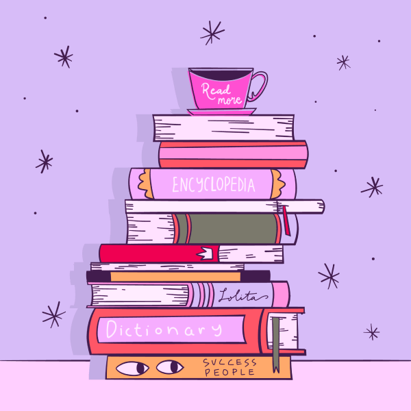 Стопка книг с чашкой на них с надписью 'Читай больше'